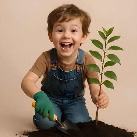 Little boy is planting a tree in the soil. Studio shot.の素材