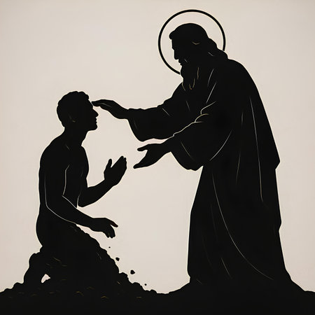 Nativity Scene, Jesus Christ with Mary and Joseph, illustration in black and whiteの素材