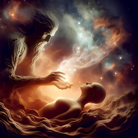 Digital Illustration of a Mother and Baby in a Cloud of Fireの素材