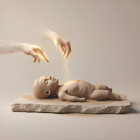 3d rendering of a newborn baby lying on a stone with handsの素材