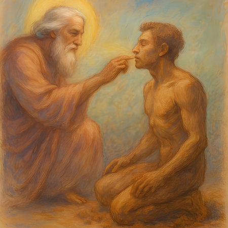 Painting of a nativity scene with Jesus and Joseph. Illustration in oil.の素材