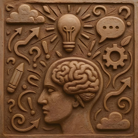 artificial intelligence concept with human head and brain on wooden background.の素材
