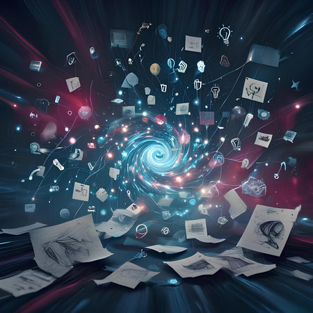 Conceptual image with digital icons flying over a pile of papersの素材