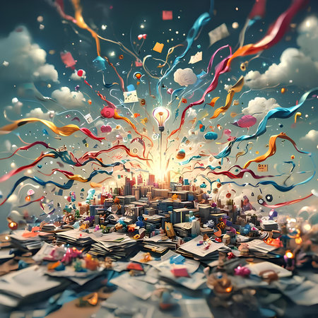 Falling books with flying papers and colorful confetti. Mixed mediaの素材
