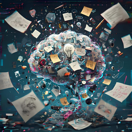 Brain full of paper documents and drawings 3D rendering elements on dark backgroundの素材