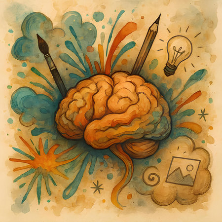 Brain with paintbrush and pencils on grunge background. vector illustrationの素材