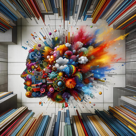 abstract 3d illustration of human head with many colorful objects insideの素材