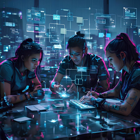 Group of young asian man and woman in smart casual wear working with digital tablet and computer at night time. Concept of teamwork and technology. Toned image double exposureの素材