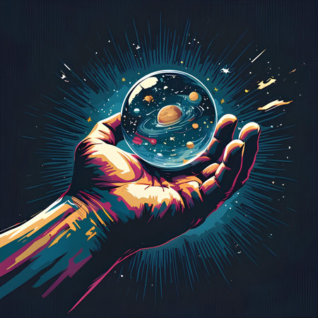 Human hand holding a planet in space. Vector illustration for your designの素材