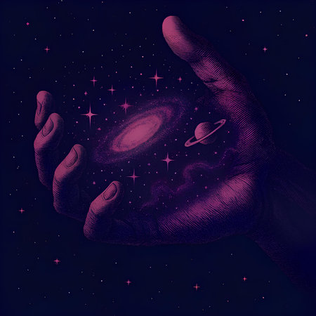 Hands holding a planet in space. Vector hand drawn illustration.の素材