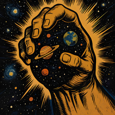 Hands holding planet in space. Hand drawn vector illustration. Doodle style.の素材
