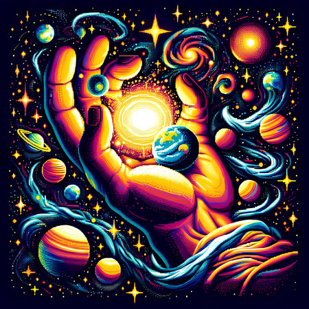 Zodiac sign Virgo in space. Hand drawn vector illustration.の素材