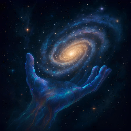 Galaxy in the shape of a human hand. 3D renderingの素材