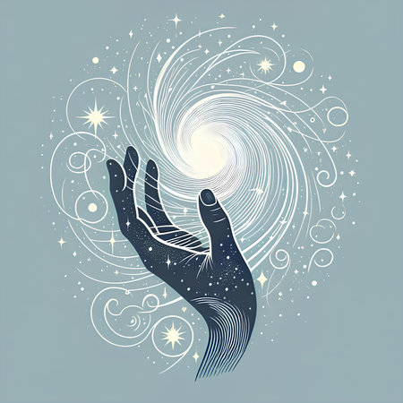 Vector illustration of a hand with a magic spiral and stars on a blue backgroundの素材