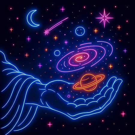Astronaut hand holding planet in outer space. Vector illustration.の素材