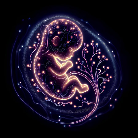 Human fetus in the womb with glowing neon lines. Vector illustration.の素材