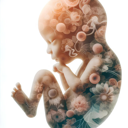 3D illustration of a fetus in the womb with flowers in the backgroundの素材
