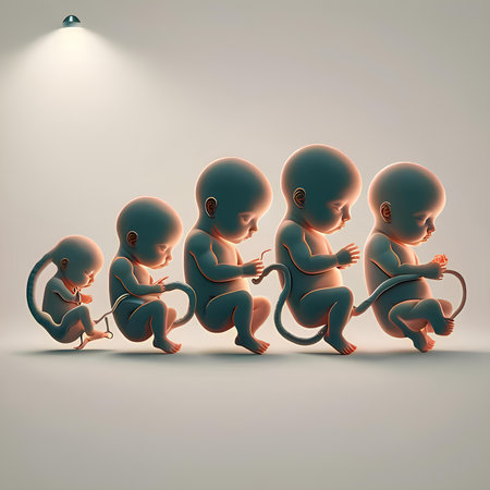 3D render of a group of babies sitting in a row.の素材