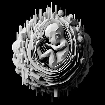 3D rendering of a little baby in an abstract shape on a black backgroundの素材