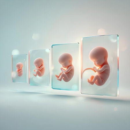 3d rendered illustration of human fetus inside a glass cube with light effectsの素材