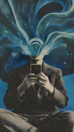 Conceptual image of a man with a mobile phone in his handの素材