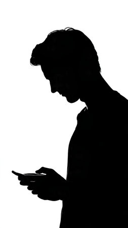 Silhouette of a man using a mobile phone on white backgroundの素材
