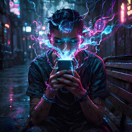 Young man with mobile phone in the city at night, 3d renderingの素材