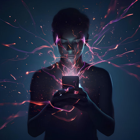 Young man using mobile phone with glowing lines around him. Blue background.の素材