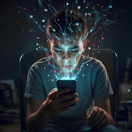 Young man sitting in chair and using mobile phone with abstract glowing linesの素材