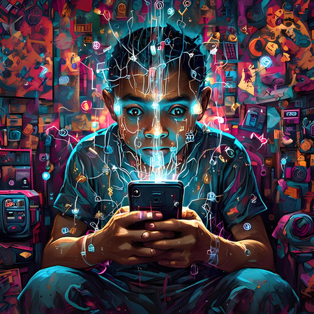 Futuristic face of a man with a mobile phone in his hands.の素材