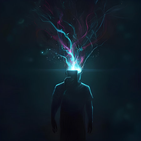 Human head with electric lightning on dark background. 3D Renderingの素材