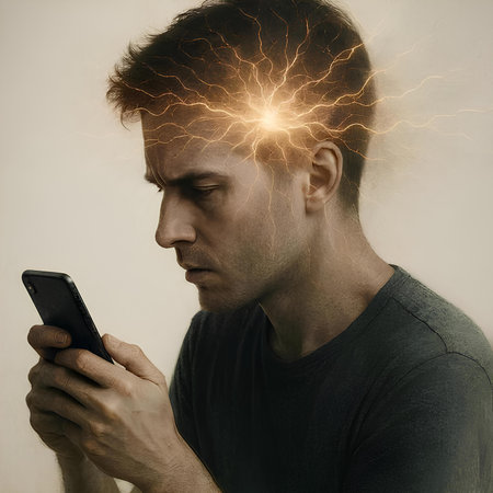 A man with a mobile phone in his hand and lightning above his headの素材