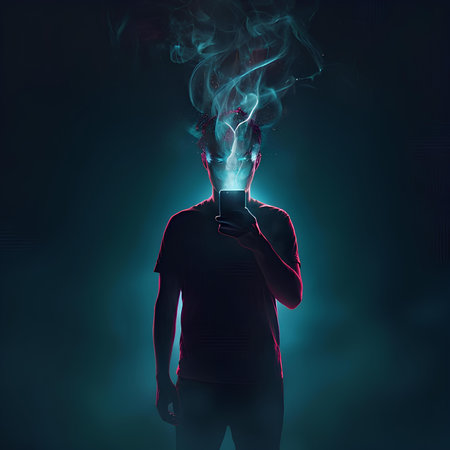 Man with a smoking electronic cigarette on a dark background. The concept of vaping.の素材