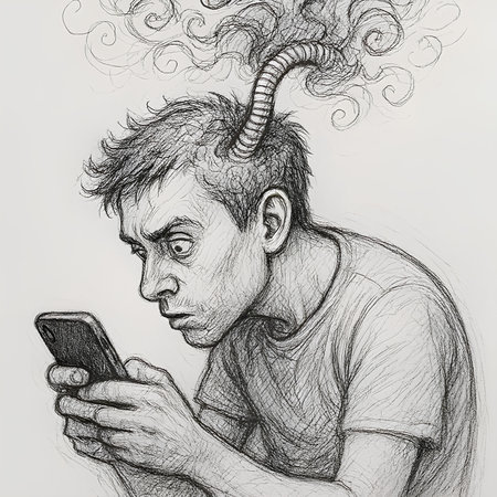Hand drawn sketch of a young man with a mobile phone in his hand.の素材