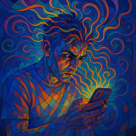 Illustration in stained glass style with a portrait of a lion on a blue backgroundの素材