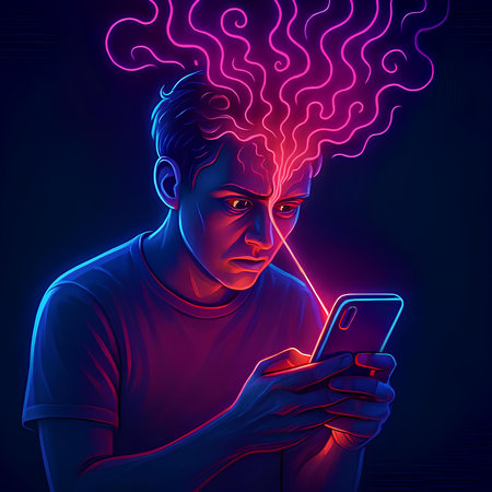 Neon portrait of a man with a smartphone in his hands.の素材