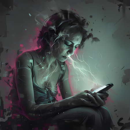 Young woman with a mobile phone in her hand. Digital illustration.の素材