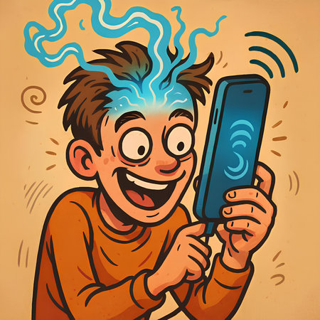 Funny cartoon boy with mobile phone in hand. Vector illustration.の素材