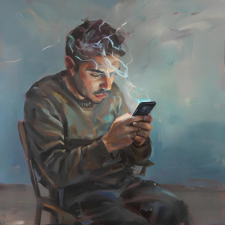 Digital painting of a man smoking a cigarette while using his mobile phoneの素材