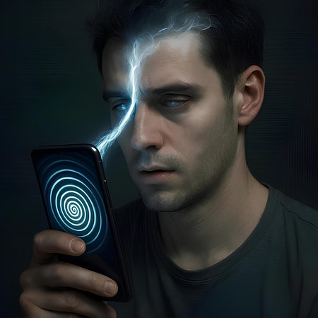 Conceptual image of a man using a mobile phone with a lightning effect in the backgroundの素材