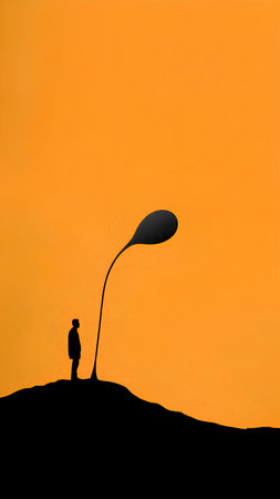 Silhouette of a man with a balloon on the hill.の素材