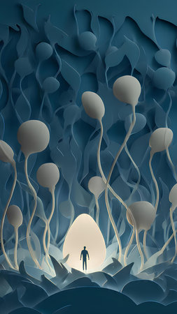 Silhouette of a man standing in the forest with mushrooms. 3d renderingの素材