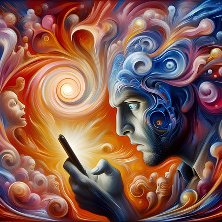 Surreal painting of a woman with a mobile phone in her hand.の素材