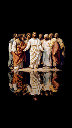 Indian religious figures on a black background with reflection in the water.の素材