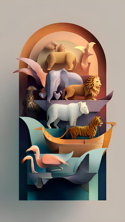 3d illustration of a paper boat with animals in the form of a lion and an elephant.の素材