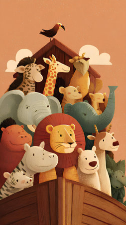 cartoon animals in wooden boat. illustration for children's book.の素材