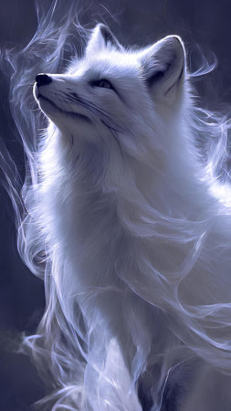 Portrait of a white fluffy fox with smoke on a dark backgroundの素材