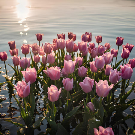 Tulips blooming on the lake at sunset. spring landscapeの素材