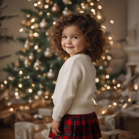 Beautiful little girl with curly hair in a white sweater and plaid skirt stands near the Christmas tree.の素材