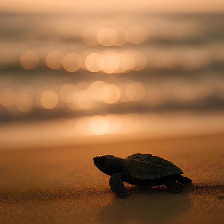 Little baby turtle on the beach at sunset. Shallow depth of fieldの素材